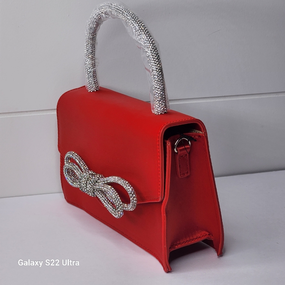 Women's Rhinestone Bow Accent Top Handle Red Satin Flap Handbag - Picture 7 of 11